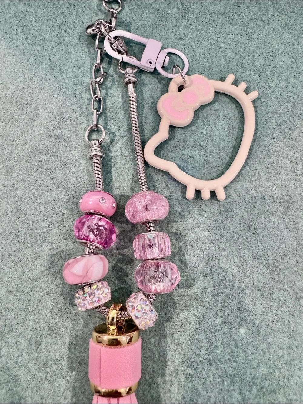 Pink Hello Kitty Beaded Tassel Keychain with Charm